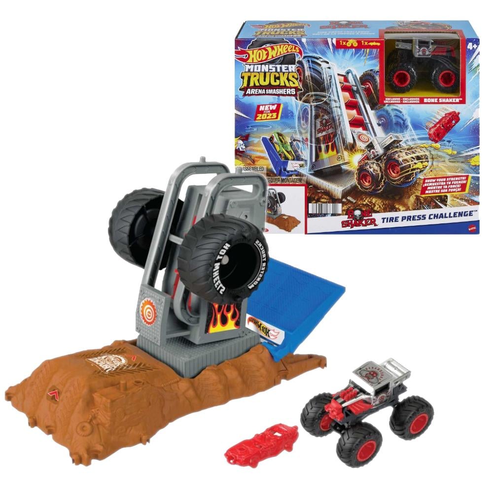 Hot Wheels Monster Trucks Arena Smasher Bone Shaker Tire Challenge Hnb