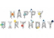 Набор шариков Maxi HAPPY BIRTHDAY с бумажными декорациями Space серебряный 13 шт.