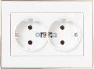 Розетка двойная с заземлением Lezard Rain белый с золотой вставкой 703-0226-127B