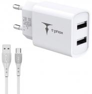 Сетевое зарядное устройство T-PHOX TCC-224 Pocket Dual USB + Type-C cable (Белый)