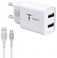 Сетевое зарядное устройство T-PHOX TCC-224 Pocket Dual USB + MicroUSB cable (Белый)