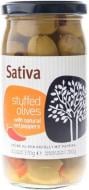 Оливки Sativa зелені фаршировані червоним перцем 370 г