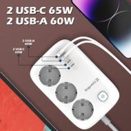 Сетевой фильтр ColorWay 3 розетки/4USB GaN3 Pro PD (65W) с заземлением 3 гн. белый 2 м CW-CHE34PDW