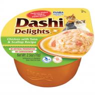 Ласощі для котів INABA DASHI Delights подрібнена курка з тунцем та морським гребінцем у бульйоні 70 г