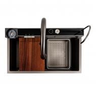 Мойка для кухни + смеситель Platinum 75х45D PVD серая Platinum Handmade "ВОДОПАД"