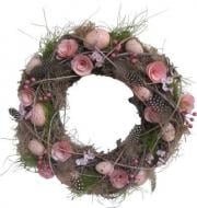 Венок декоративный пасхальный с яйцами и перышком пенопл./ветки роз.-натур. д.34 см