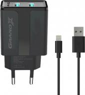 Зарядное устройство Grand-X 5V 2,1A Black cable USB-Lightning (CH15LTB)