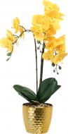 Цветок искусственный Орхидея желтая в золотом пластиковом горшке 62 см