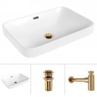 Умивальник Helmken 44152000 3 в 1: прямокутний 52 см, перелив, із сифоном і донним клапаном Сlick-clack, золото Умивальник Helmken 44152000 3 в 1: прямокутний 52 см, перелив, із сифоном і донним клапаном Сlick-clack, золото