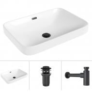 Умивальник Helmken 44152000 3 в 1: прямокутний 52 см, перелив, із сифоном і донним клапаном Сlick-clack, чорний матовий Умивальник Helmken 44152000 3 в 1: прямокутний 52 см, перелив, із сифоном і донним клапаном Сlick-clack, чорний матовий