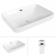 Умивальник Helmken 44156000 2 в 1: прямокутний 56 см, перелив із донним клапаном Сlick-clack, білий матовий Умивальник Helmken 44156000 2 в 1: прямокутний 56 см, перелив із донним клапаном Сlick-clack, білий матовий