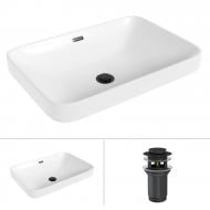 Умивальник Helmken 44156000 2 в 1: прямокутний 56 см, перелив із донним клапаном Сlick-clack, чорний матовий Умивальник Helmken 44156000 2 в 1: прямокутний 56 см, перелив із донним клапаном Сlick-clack, чорний матовий