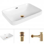 Умивальник Helmken 44156000 3 в 1: прямокутний 56 см, перелив, із сифоном і донним клапаном Сlick-clack, золото Умивальник Helmken 44156000 3 в 1: прямокутний 56 см, перелив, із сифоном і донним клапаном Сlick-clack, золото