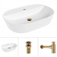 Умывальник с отверстием Helmken 46060000 3 в 1: овальный 60 см с сифоном и донным клапаном Сlick-clack, золото