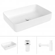 Умывальник Helmken 48750000 3 в 1: прямоугольный 50 см, с сифоном и донным клапаном Сlick-clack, белый матовый