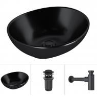 Умивальник Helmken 65241001 3 в 1: овальний 41 см, із сифоном і донним клапаном Сlick-clack, чорний матовий Умивальник Helmken 65241001 3 в 1: овальний 41 см, із сифоном і донним клапаном Сlick-clack, чорний матовий