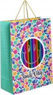 Пакет бумажный 33х45х15 см с фигурным пластиковым прозрачным окошком разноцветный