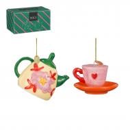 Декорация рождественская Edelman «Чашка и чайник», кремово-розовый, 2 шт, доломит, 15×9×8 см 1178574