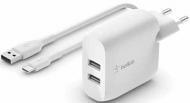 Зарядний пристрій Belkin Home Charger (24W) DUAL USB 2.4A, USB-C 1m, white