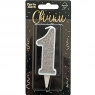 Свеча для торта "1" глиттер серебро Party Хата