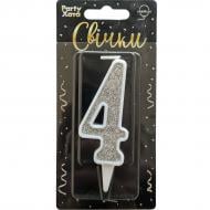Свеча для торта "4" глиттер серебро Party Хата