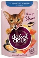 Корм влажный для кошек DELICKCIOUS кусочки с лососем и мидиями в соусе 85 г