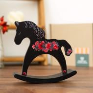 Статуэтка Wood Posters Лошадка-качалка деревянная Цветы, чёрная