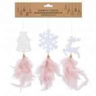 Декоративная подвеска Chomik Олень, Колокльчик, Снежинка с пером 3 шт. 22 см шампань перламутровый