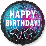 Шарик фольгированный круг "Happy Birthday джойстики" черный 1 шт.