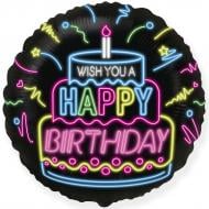 Шарик фольгированный круг "Wish you a happy birthday неон" черный 1 шт.