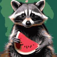 Картина по номерам Strateg Енот с арбузом 20х20 см HH8034