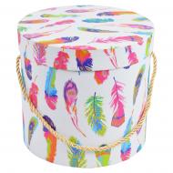 Коробка подарочная круглая белая "Цветные перья" со шнурком 15х15х14,5 см 2503161402