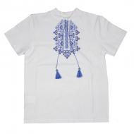 Вышиванка для мальчиков Маленькие люди синий орнамент р.140 белый Вышиванка для мальчиков Маленькие люди синий орнамент р.140 белый