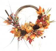 Декорация осенняя осіння вінок з очеретом, ягодами, гарбузами оранж. 50см пінопласт