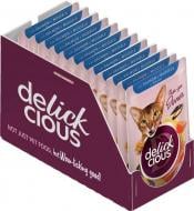 Корм влажный для кошек DELICKCIOUS кусочки с лососем и мидиями в соусе 12 шт 85 г