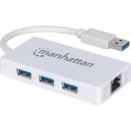 USB-хаб Manhattan Pocket Hub 3-port USB3.0 + RJ45 Gigabit Ethernet white (507578)