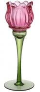Подсвечник стеклянный Тюльпан розовый с зеленым 27 см BonaDi