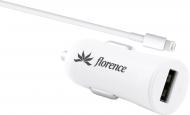 Автомобильное зарядное устройство Florence USB 1,2 A с кабелем White CC12-IPH6