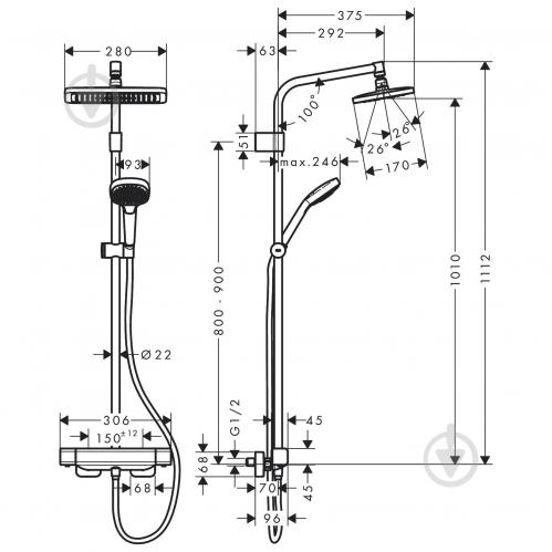 Душова система Hansgrohe Croma E Varia Showerpipe 280 1jet - фото 4 Душова система Hansgrohe Croma E Varia Showerpipe 280 1jet - фото 4