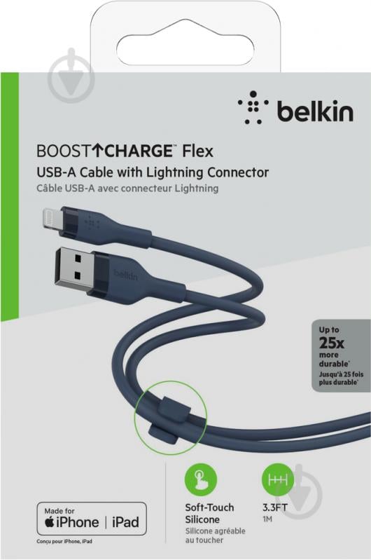 Кабель Belkin USB-A - Lightning силіконовий з кліпсою 1 м синій (CAA008BT1MBL) - фото 6