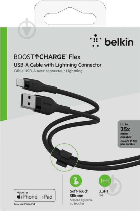 Кабель Belkin USB-A - Lightning силіконовий з кліпсою 1 м чорний (CAA008BT1MBK) - фото 6