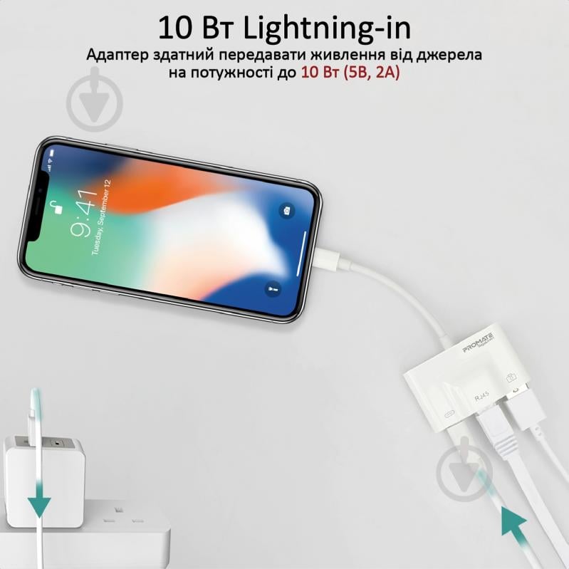 Адаптер Promate GigaLink-i Lightning/USB 3.0 OTG+Ethernet Rj-45+Lightning-in White 0,01 м білий (gigalink-i.white) - фото 5