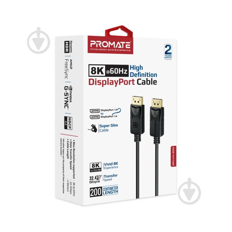 Кабель Promate DPLink-200 DisplayPort to DisplayPort v1.4 2 м 2 м чорний (dplink-200.black) - фото 6