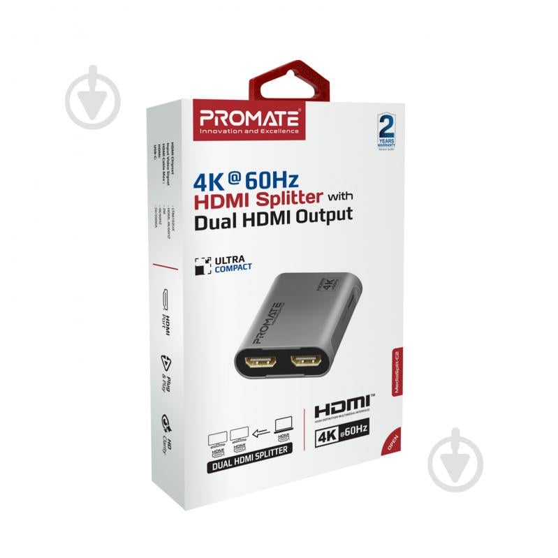 Сплітер Promate MediaSplit-C2 HDMI to 2xHDMI чорний (mediasplit-c2.silver) - фото 6