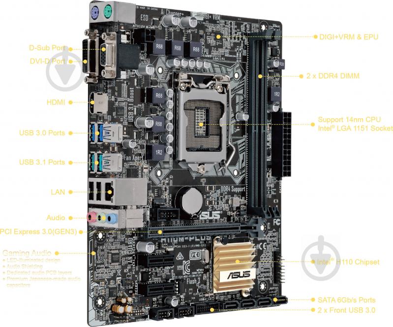 Материнская плата Asus H110M-PLUS (Socket 1151, Intel H110, mirco ATX) - фото 2