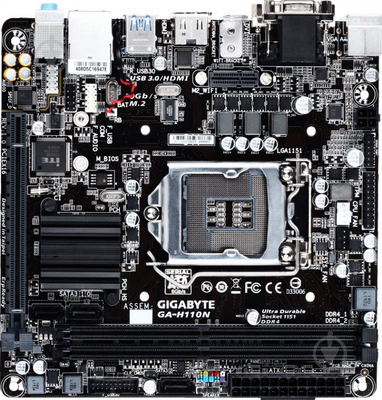 Материнська плата Gigabyte GA-H110N (Socket 1151, Intel H110, mini ITX) - фото 1