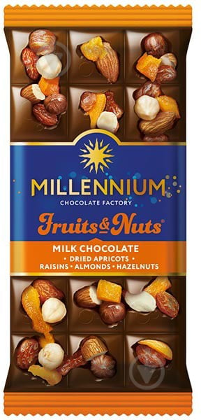 Шоколад Millennium Fruits&Nuts молочный с миндалем цельным лесным орехом курагой и изюмом 80 г - фото 1