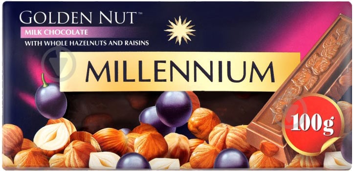 Шоколад Millennium Gold молочний з цілим горіхом і родзинками 100 г - фото 1