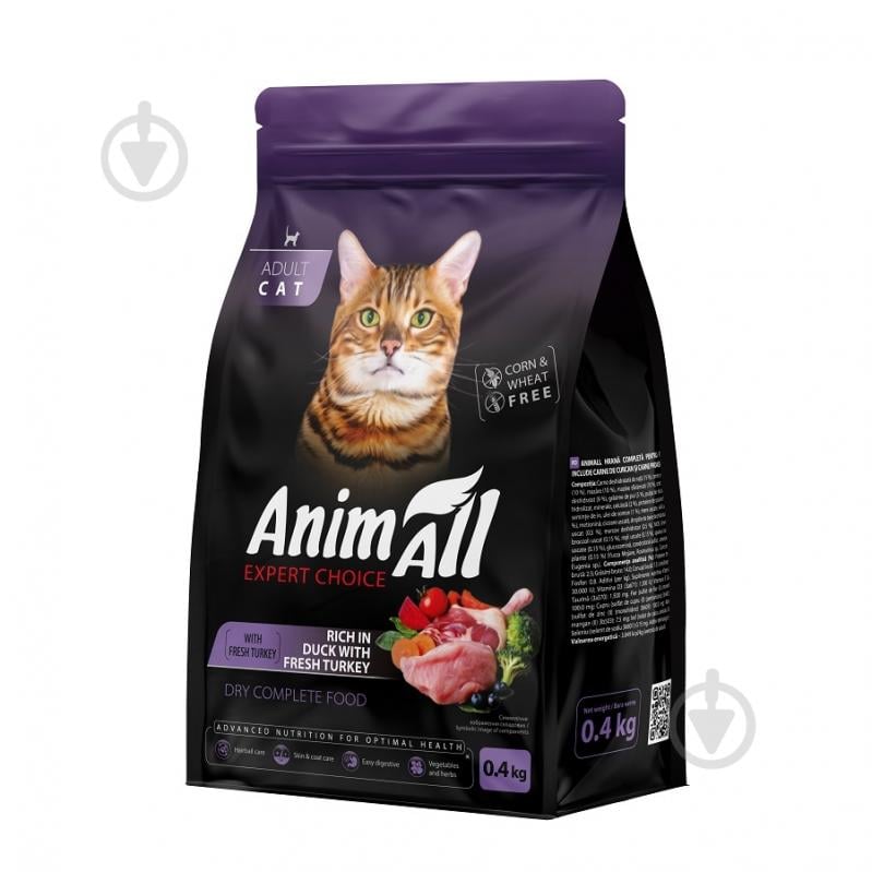 Корм сухий для котів AnimAll для дорослих котів зі свіжою індичкою та качкою 400 г - фото 1 Корм сухий для котів AnimAll для дорослих котів зі свіжою індичкою та качкою 400 г - фото 1