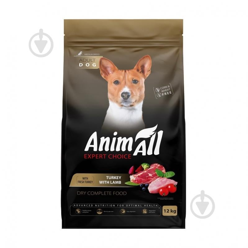 Корм сухий AnimAll для дорослих собак середніх порід зі свіжою індичкою та ягням 12 кг - фото 1 Корм сухий AnimAll для дорослих собак середніх порід зі свіжою індичкою та ягням 12 кг - фото 1